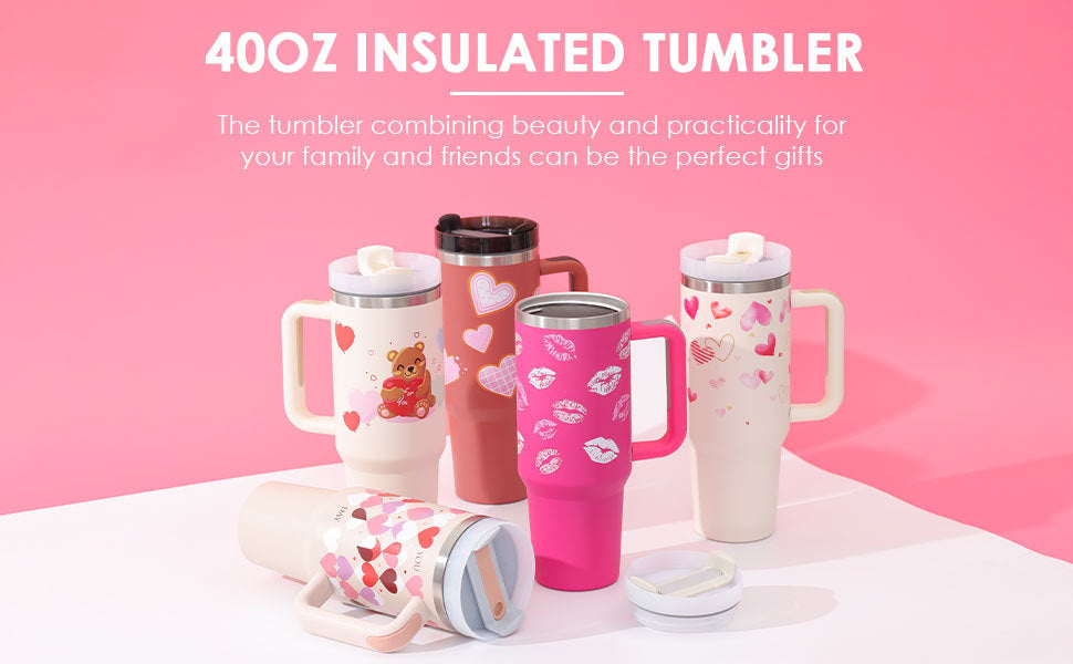 40 Oz Tumbler With Handle Straw Insulated, Stainless Steel Spill Proof Vacuum Coffee Cup Tumbler With Lid Tapered Mug Gifts For Valentine Lover Suitable For Car Gym Office Travel