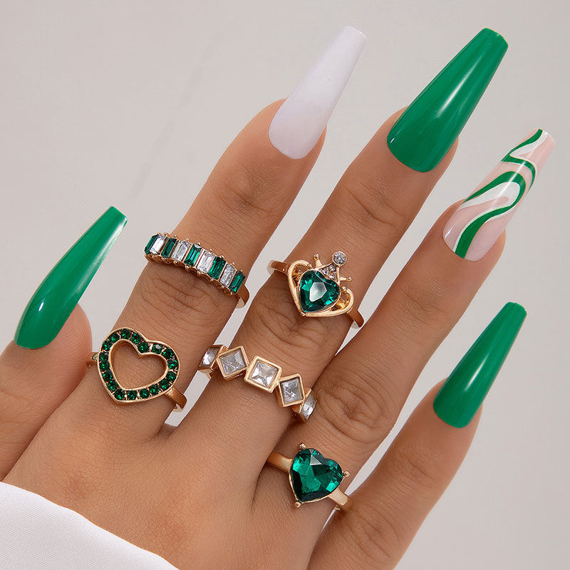 Metal Emerald Diamond Love Palm Ring Match Sets